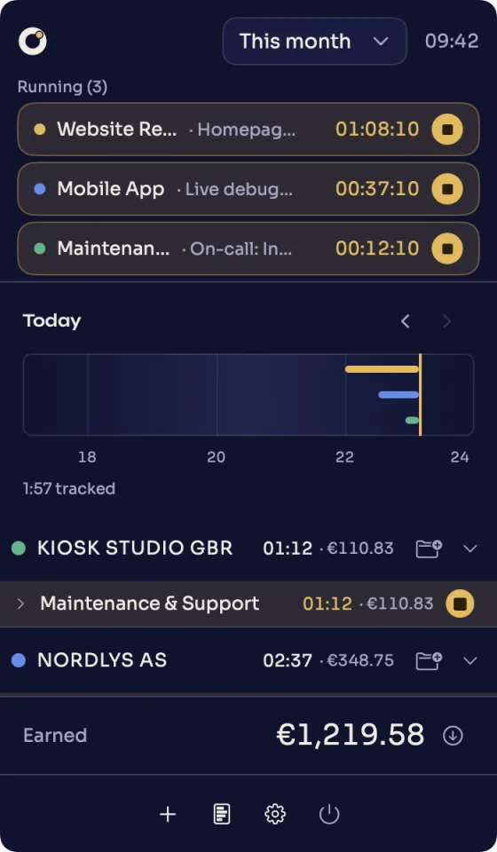 Døgn popover with parallel timers, a daily timeline and earnings