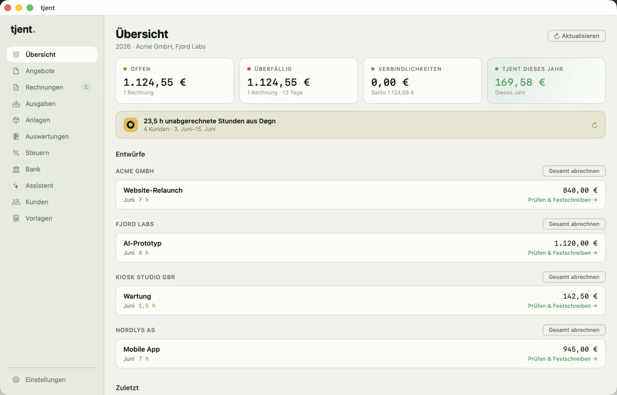 tjent overview with Døgn hours and draft invoices